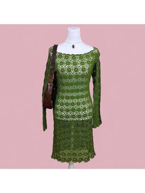 60s 70s green crochet lace sheer boho retro wide neck midi long sleeve dress
